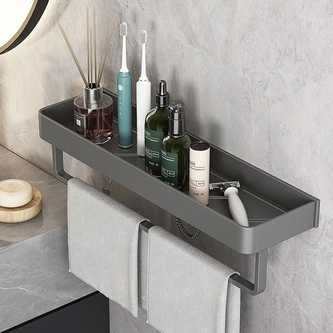 UrbanShelf – Modern Floating Bathroom Shelves with Self-Adhesive Installation and Towel Holder
