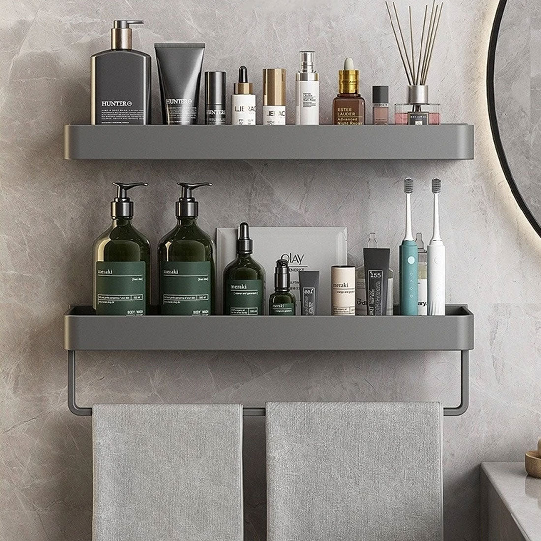 UrbanShelf – Modern Floating Bathroom Shelves with Self-Adhesive Installation and Towel Holder