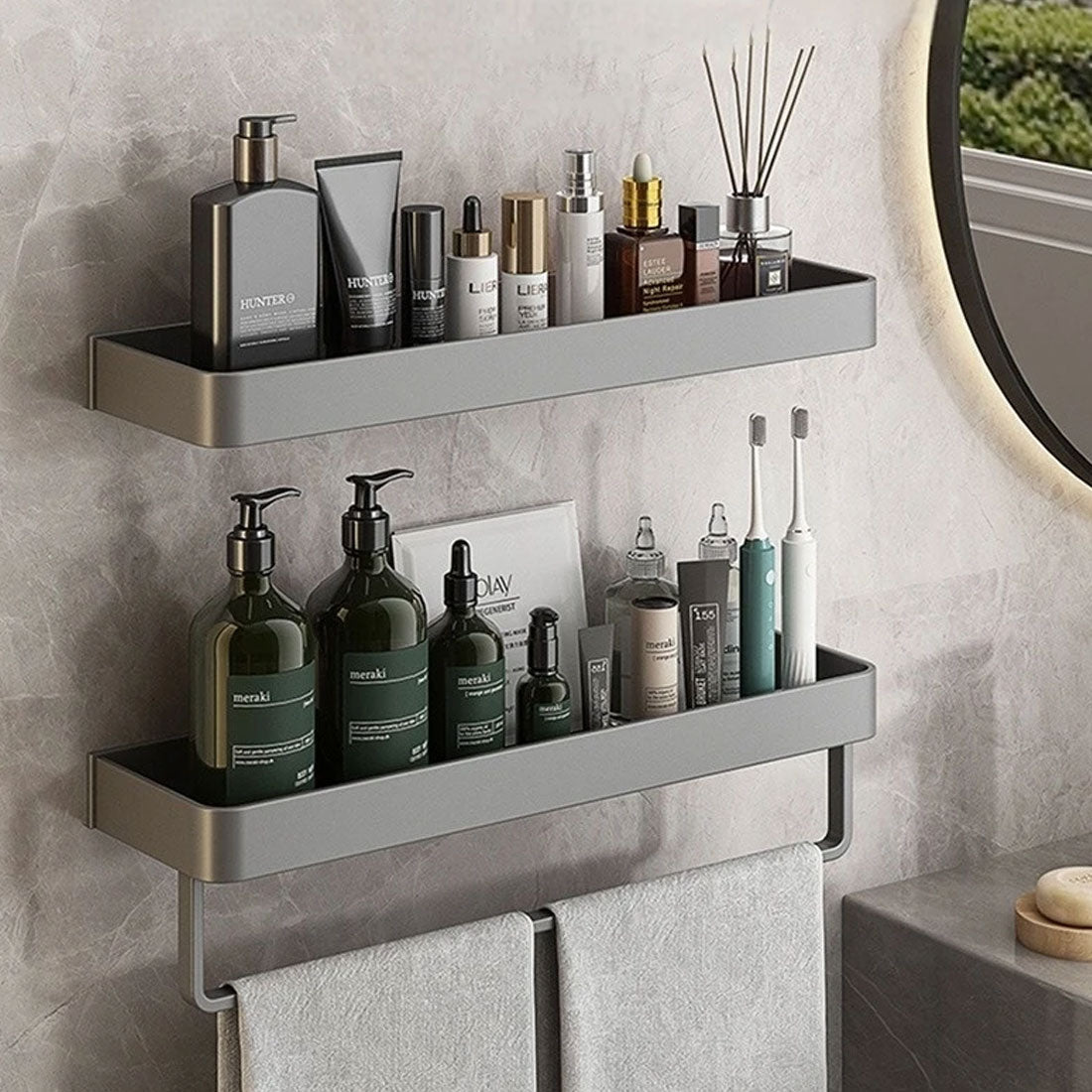 UrbanShelf – Modern Floating Bathroom Shelves with Self-Adhesive Installation and Towel Holder