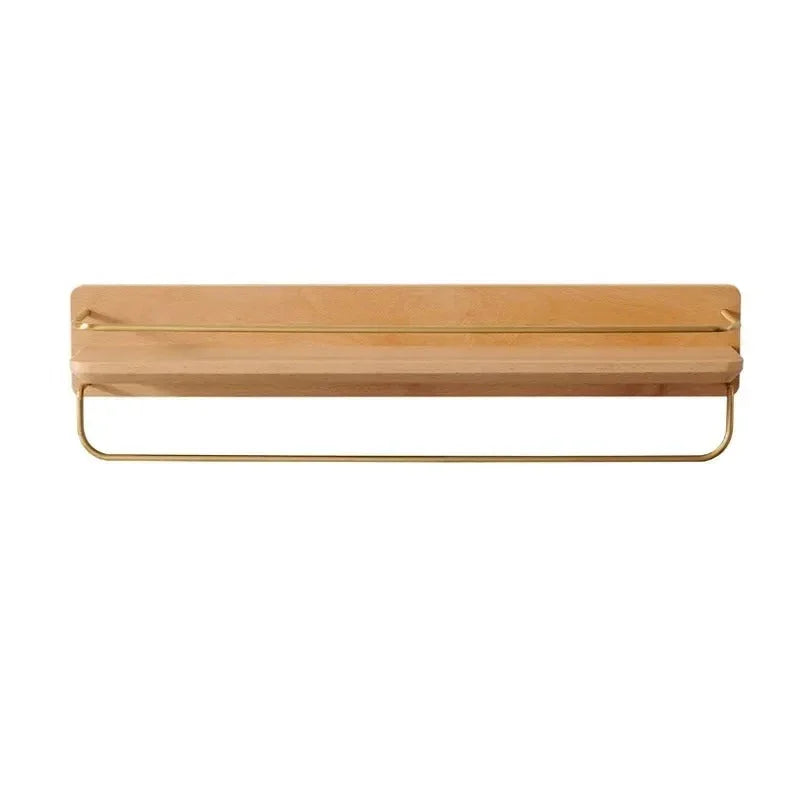 Houten Wandplank voor Badkamer met Gouden Railing en Handdoekstang