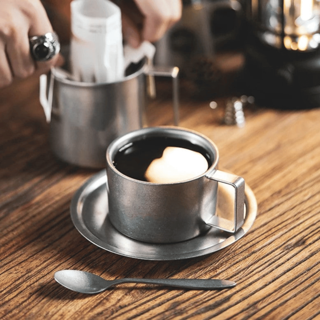 Set rétro de tasses à café en acier inoxydable avec soucoupe et cuillère double paroi