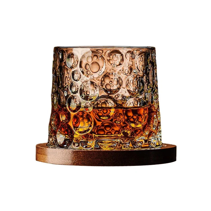 Set de verres à whisky en cristal avec sous-verre en bois et motif taillé