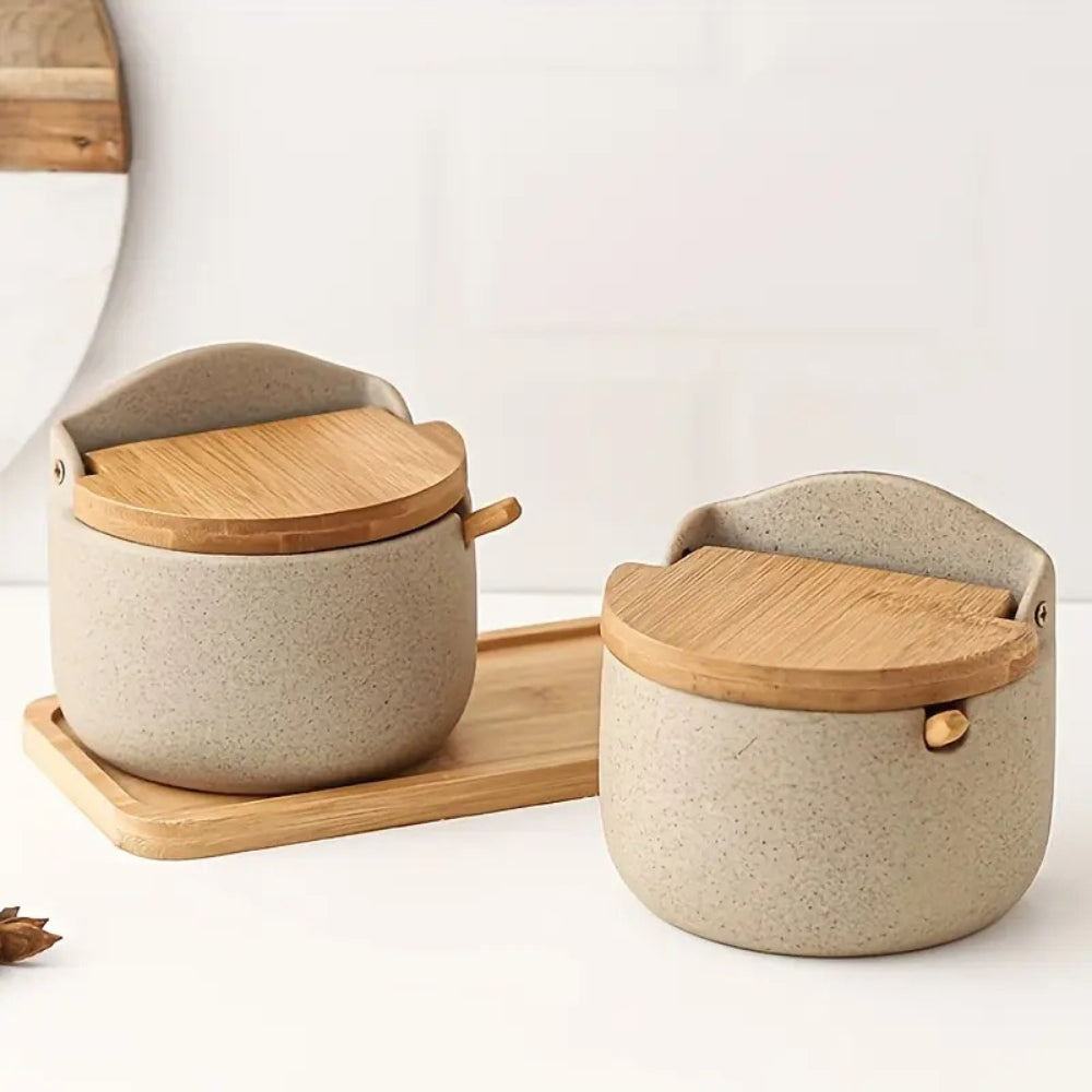 BambooLuxe Ceramic Herb Jars – Stylish Set with Natural Elegant Touch for an Organized Kitchen