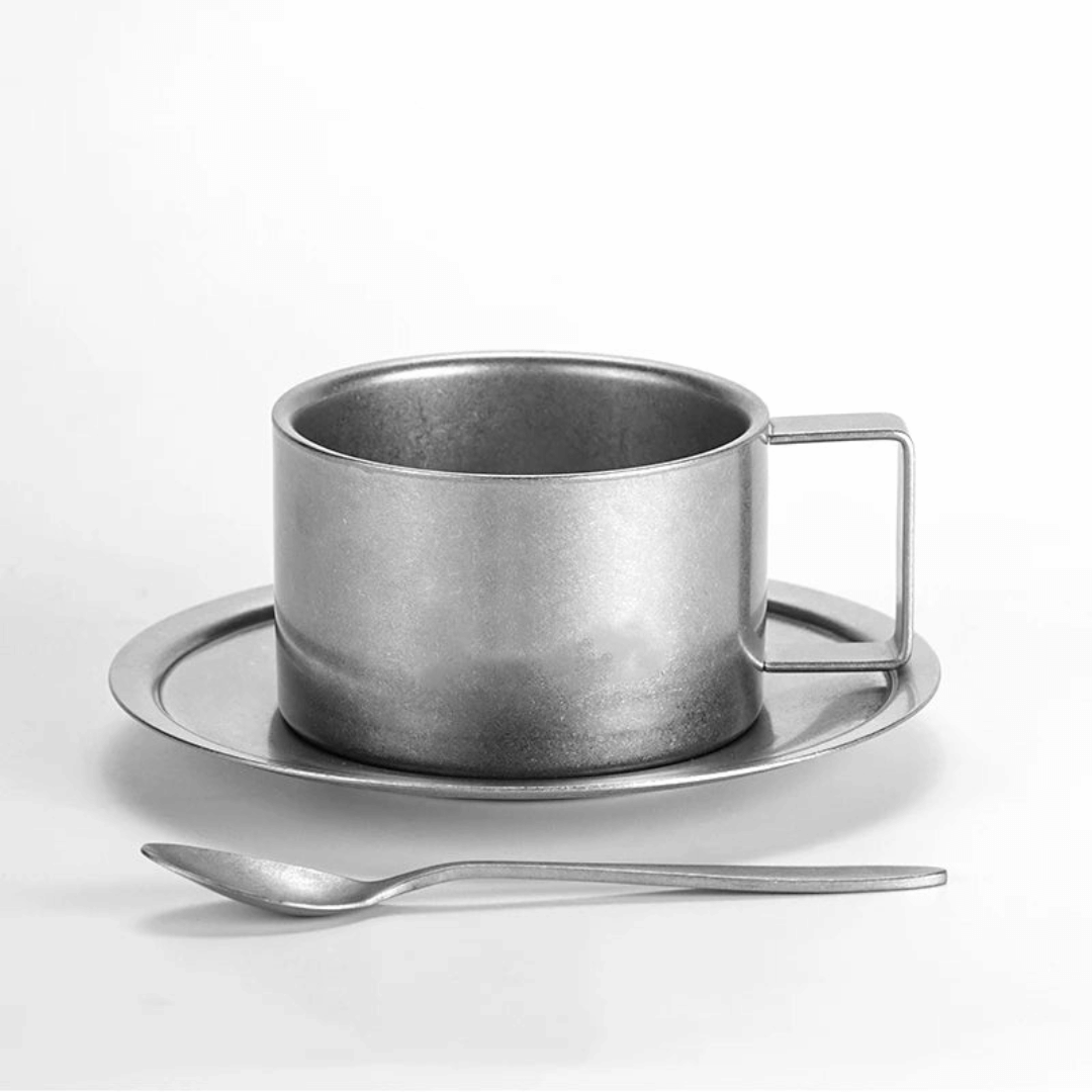 Set rétro de tasses à café en acier inoxydable avec soucoupe et cuillère double paroi