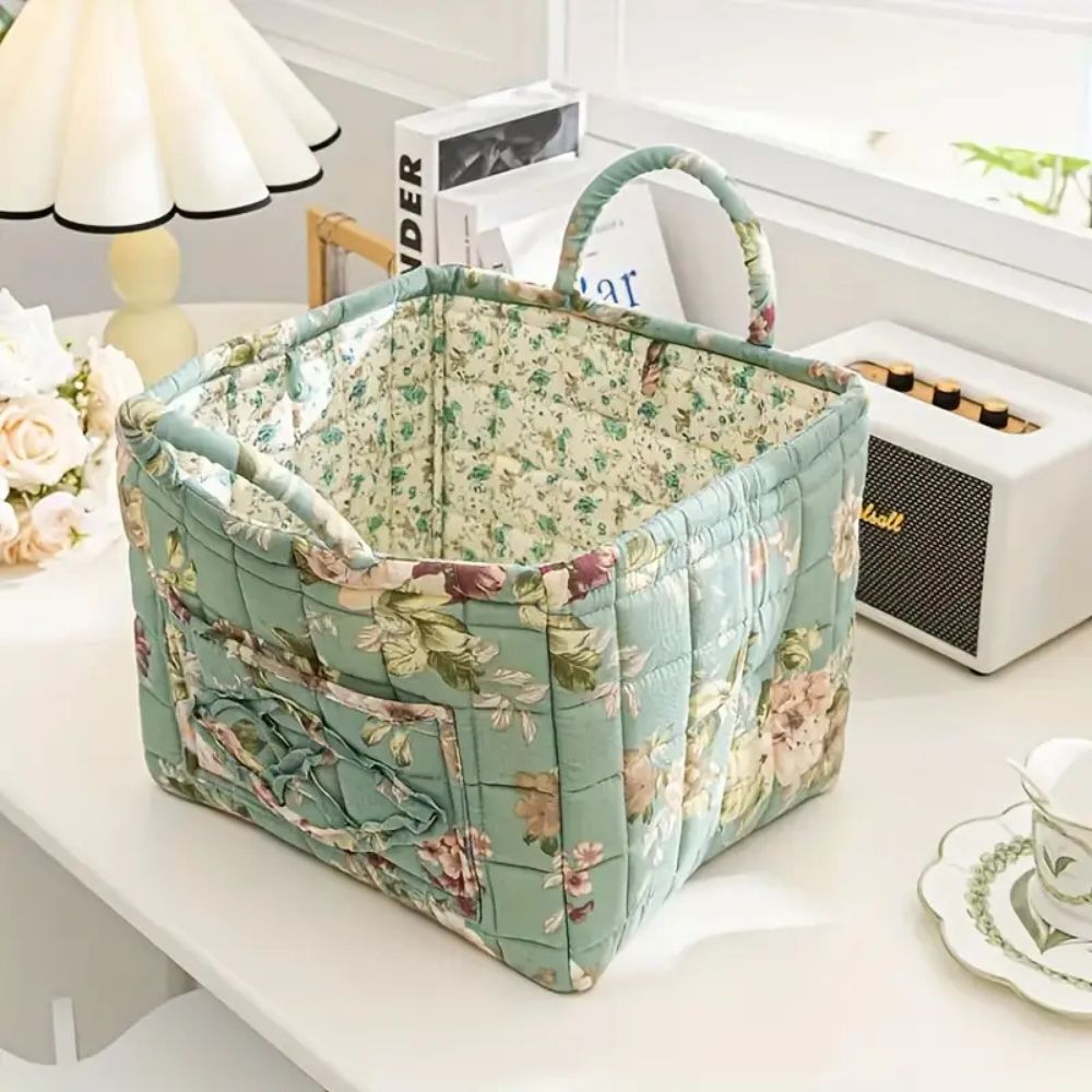 Fleurique Elegant Canvas Storage Basket – with Romantic Floral Pattern for a Stylish Interior