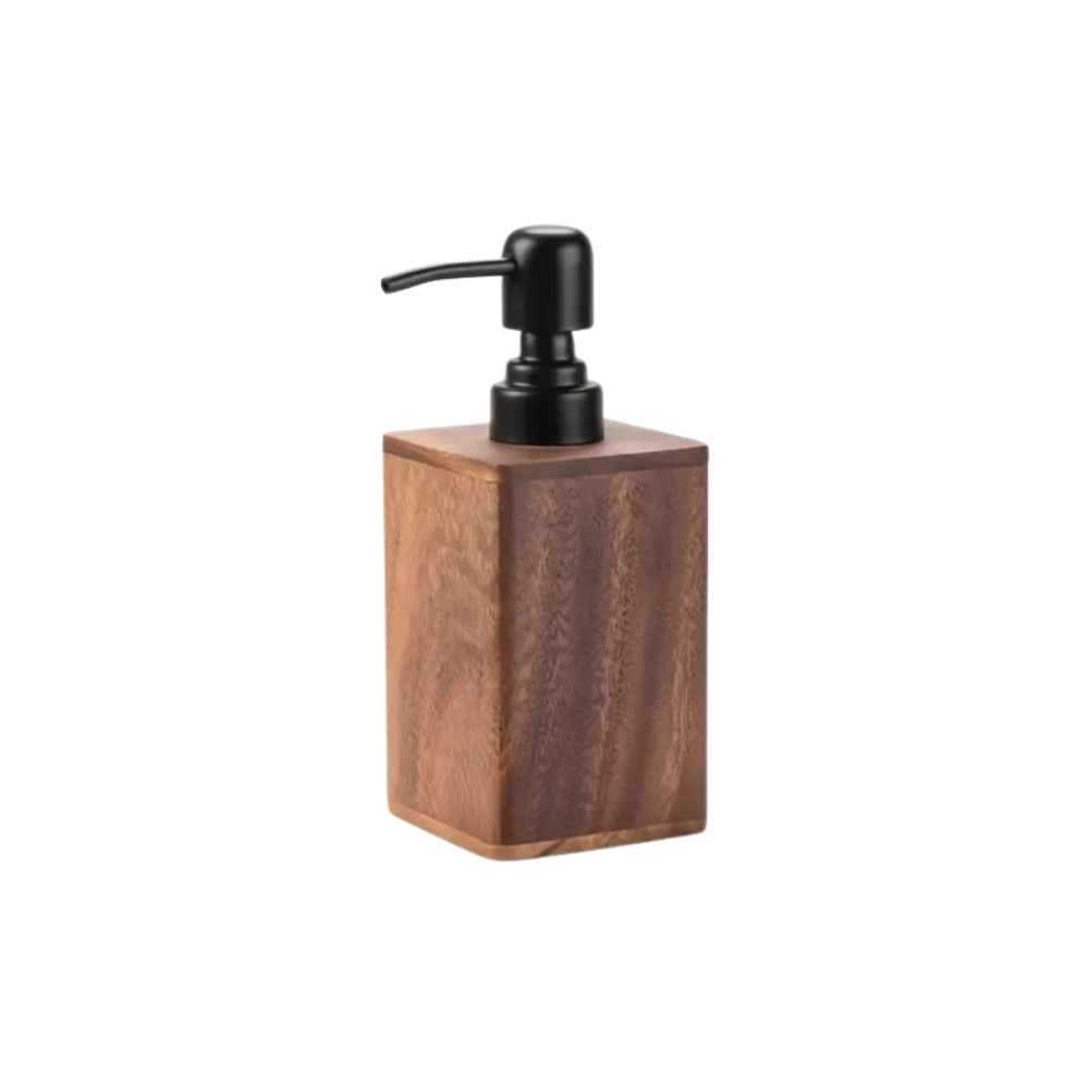 Distributeur rustique de savon et lotion en bois avec pompe noire mate pour salle de bain