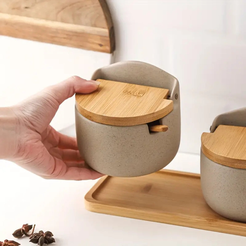 BambooLuxe Ceramic Herb Jars – Stylish Set with Natural Elegant Touch for an Organized Kitchen