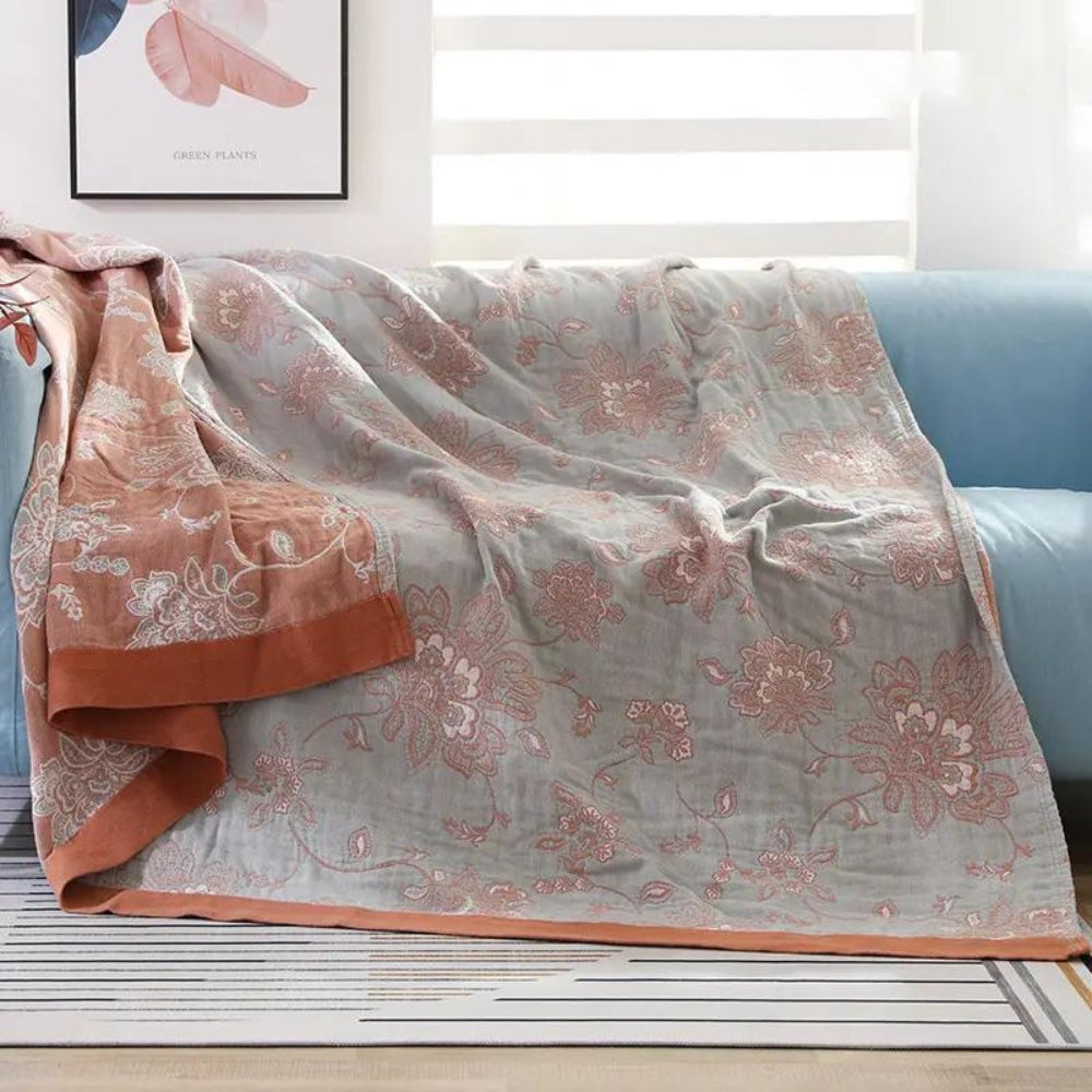 Blossom Haven – Luxe Cotton Blanket with Five-Layer Mesh Structure