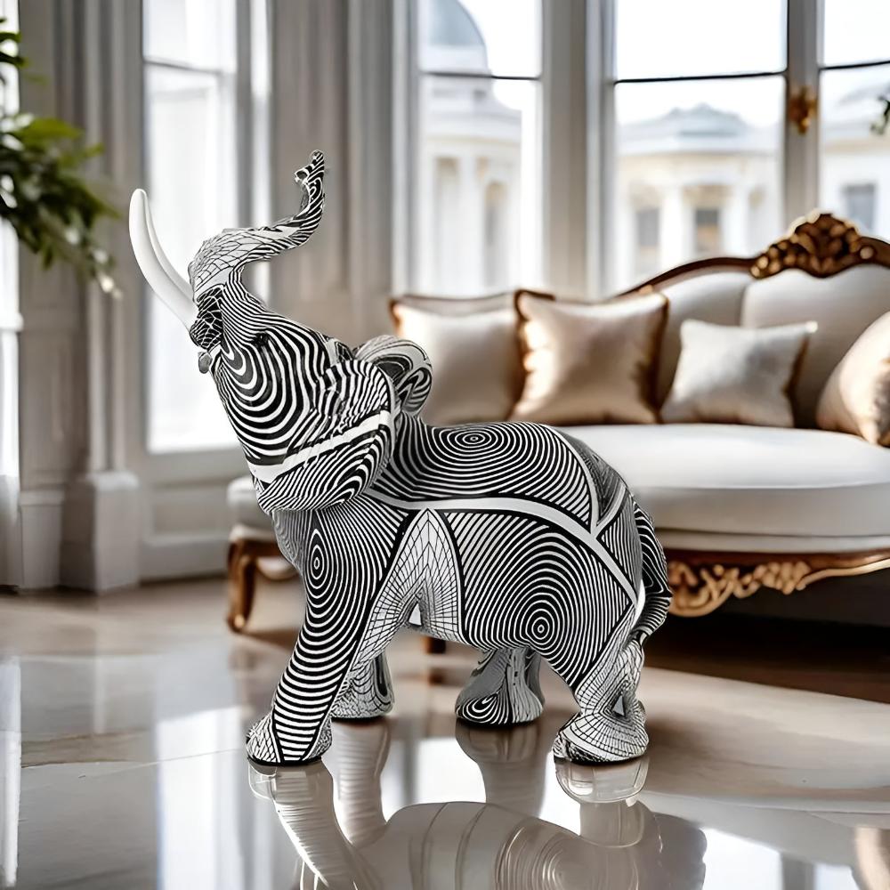 Elysian Elephant – Artistic Black and White Spiral Figurine for a Stylish Interior