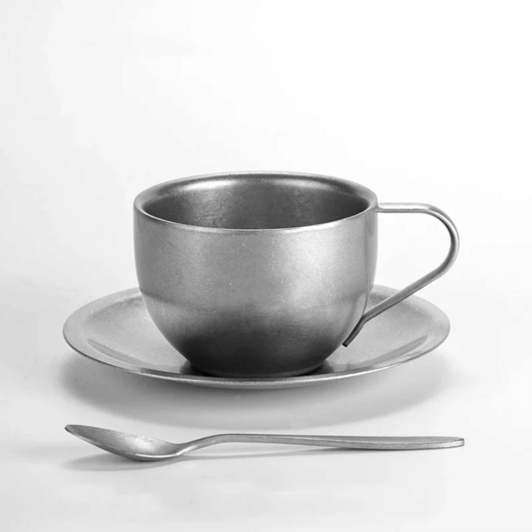 Set rétro de tasses à café en acier inoxydable avec soucoupe et cuillère double paroi