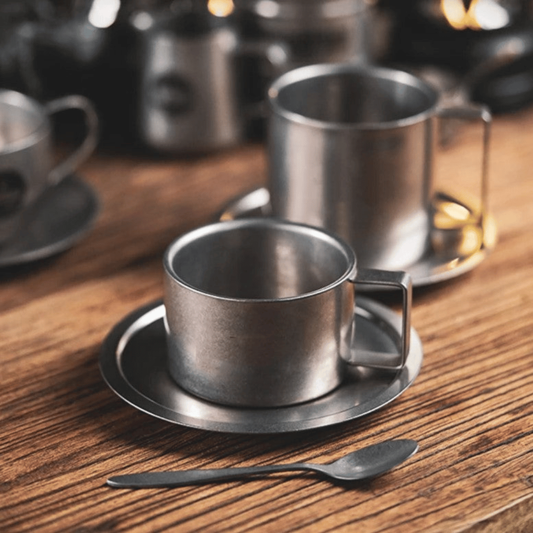 Set rétro de tasses à café en acier inoxydable avec soucoupe et cuillère double paroi