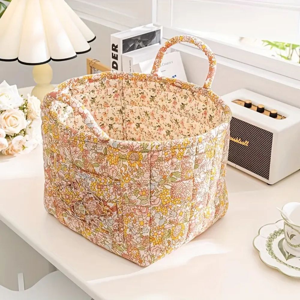 Fleurique Elegant Canvas Storage Basket – with Romantic Floral Pattern for a Stylish Interior