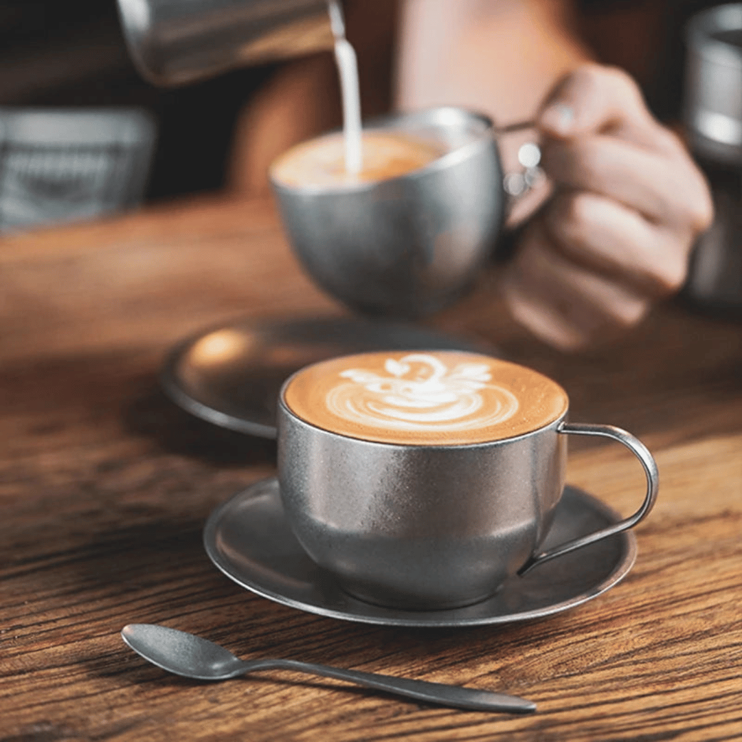 Set rétro de tasses à café en acier inoxydable avec soucoupe et cuillère double paroi