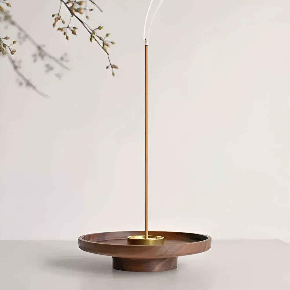 Porte-Encens en Bois avec Insert en Cuivre et Coupelle à Cendres pour Méditation