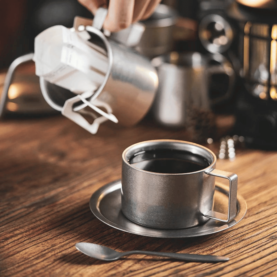 Set rétro de tasses à café en acier inoxydable avec soucoupe et cuillère double paroi
