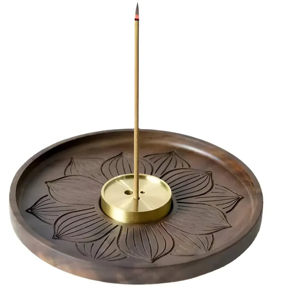 Porte-Encens en Bois avec Insert en Cuivre et Coupelle à Cendres pour Méditation