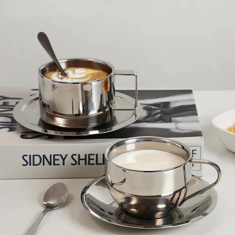 Set de Tasses à Café en Acier Inoxydable avec Soucoupe et Cuillère Double Paroi