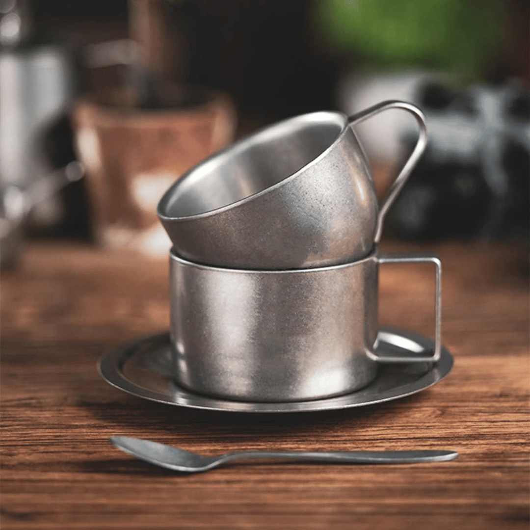 Set rétro de tasses à café en acier inoxydable avec soucoupe et cuillère double paroi