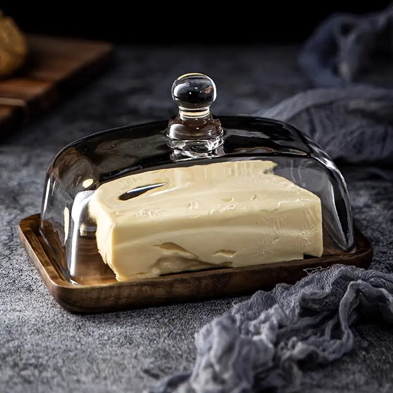 PureServe – Wooden and Glass Butter Dish for an Elegant Table Presentation