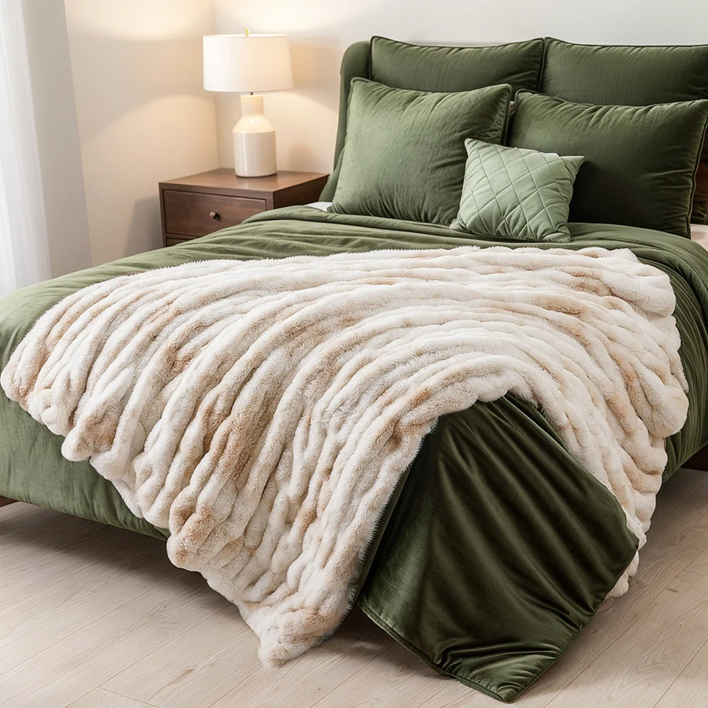 Plaid en fausse fourrure pelucheux avec design 3D côtelé réversible pour canapé