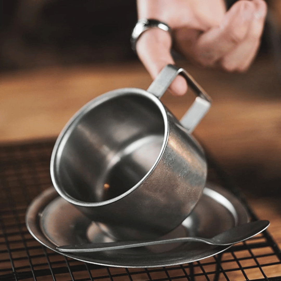Set rétro de tasses à café en acier inoxydable avec soucoupe et cuillère double paroi