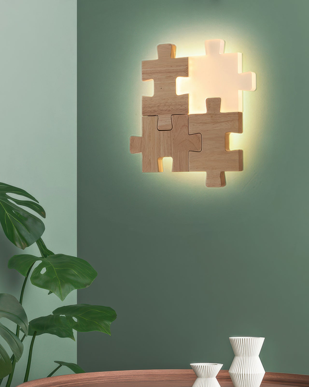 PuzzleGlow – Luxe LED Wandlamp met Speels Houten Design voor een Modern Interieur