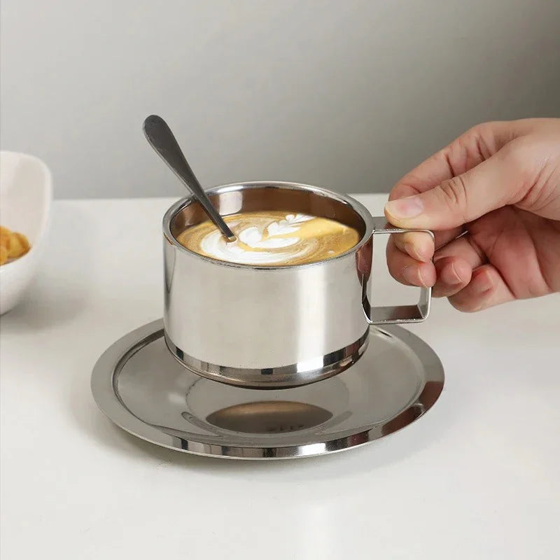 Set de Tasses à Café en Acier Inoxydable avec Soucoupe et Cuillère Double Paroi