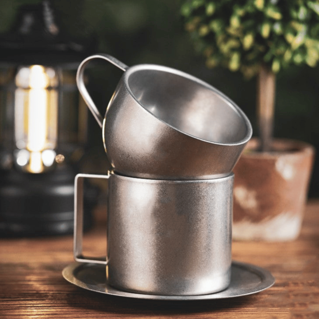 Set rétro de tasses à café en acier inoxydable avec soucoupe et cuillère double paroi