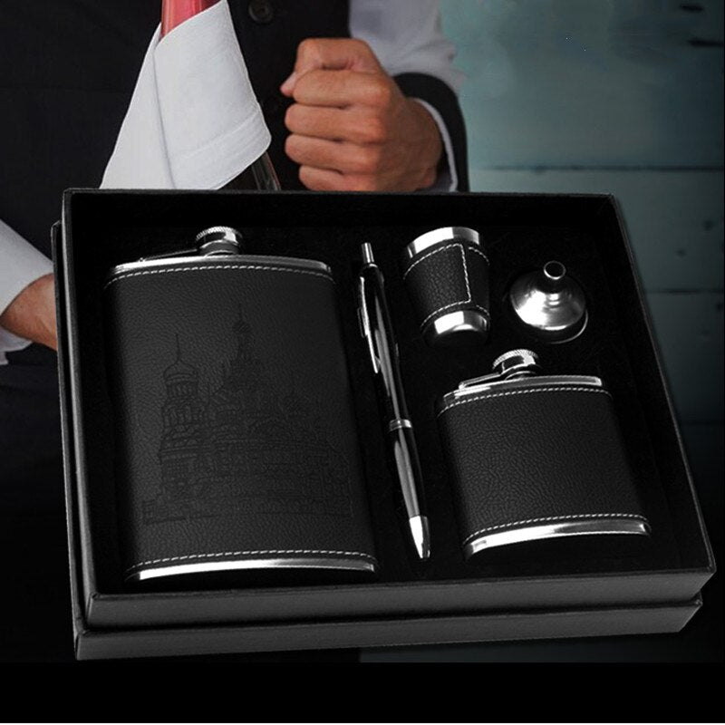 Stelvio – Luxury Stainless Steel Hip Flask Set with Leather Finish
