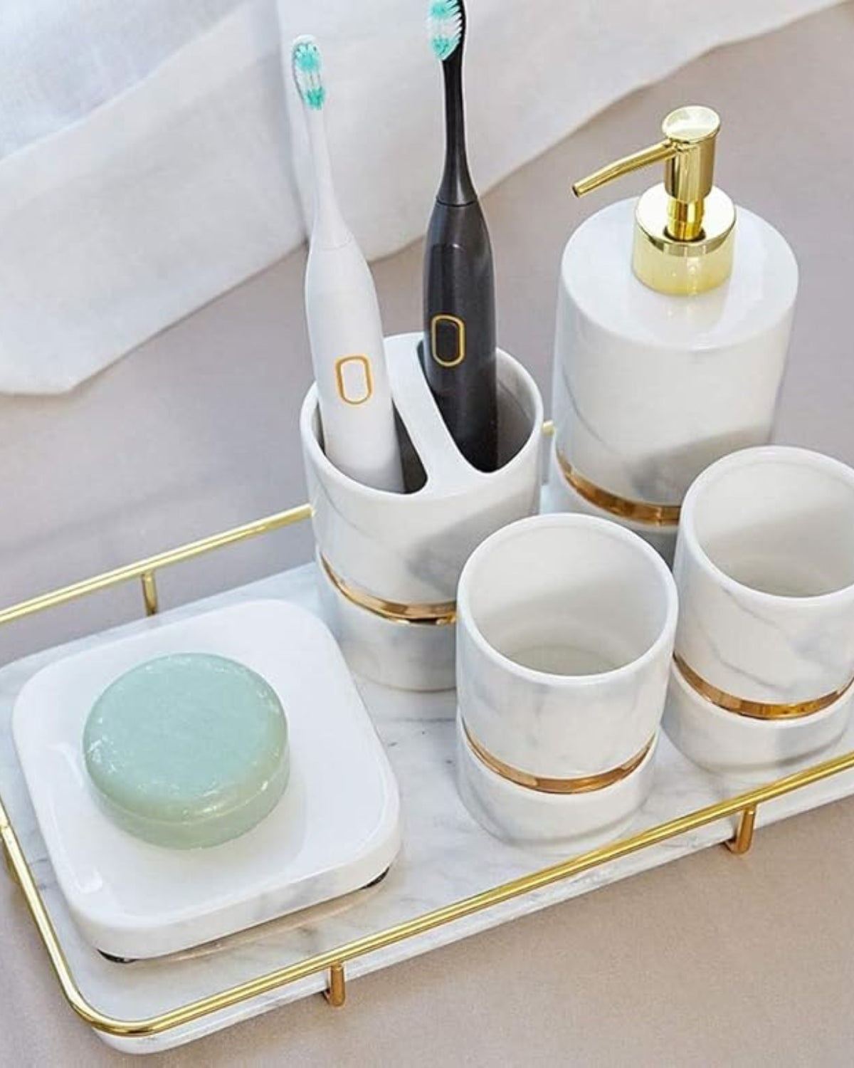 The Marble Elegance – Luxury Marble Bathroom Set with Golden Accents (6-piece)