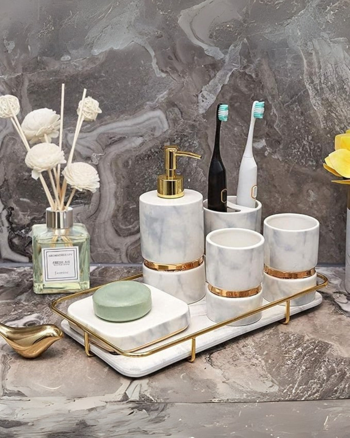 The Marble Elegance – Luxury Marble Bathroom Set with Golden Accents (6-piece)
