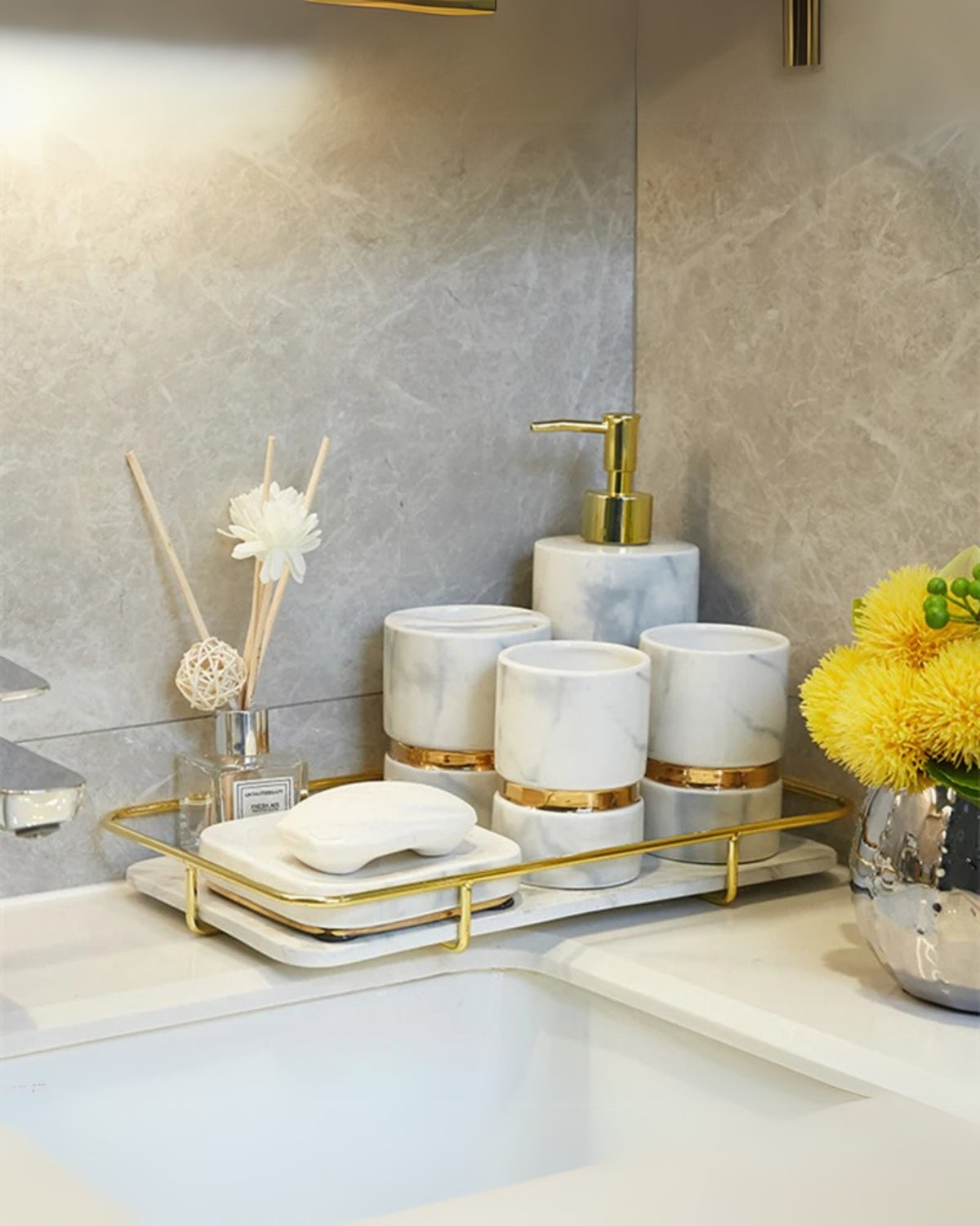 The Marble Elegance – Luxury Marble Bathroom Set with Golden Accents (6-piece)