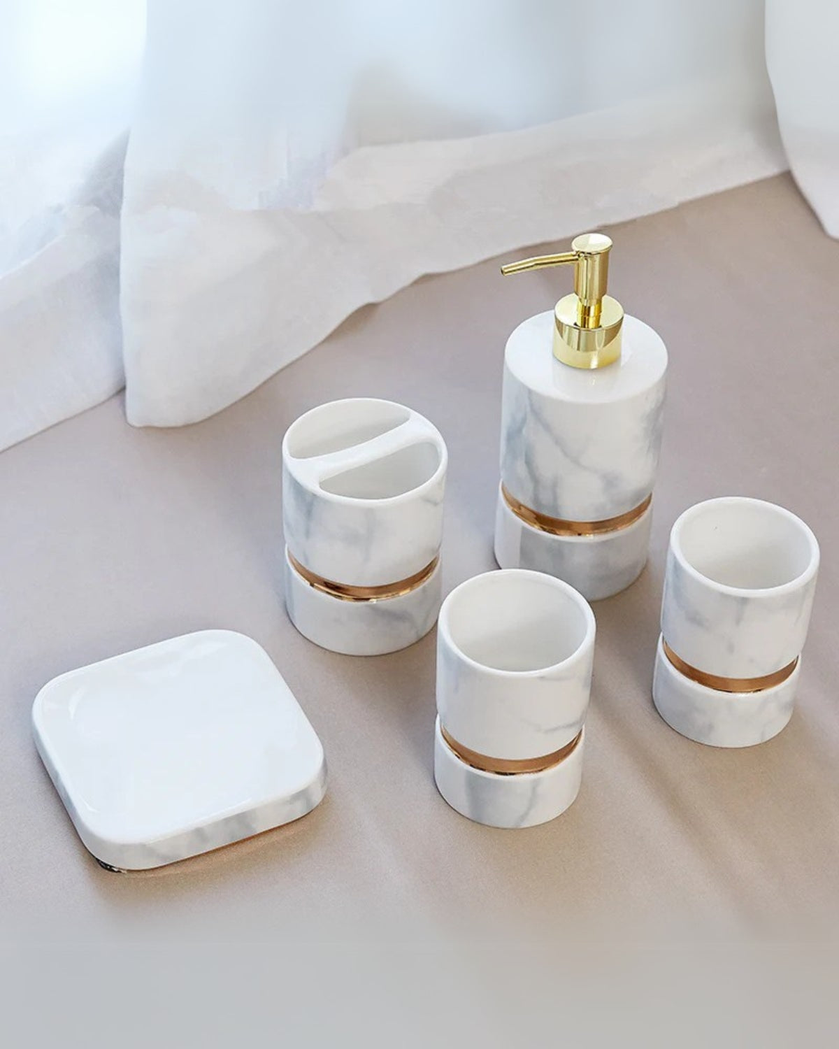 The Marble Elegance – Luxury Marble Bathroom Set with Golden Accents (6-piece)