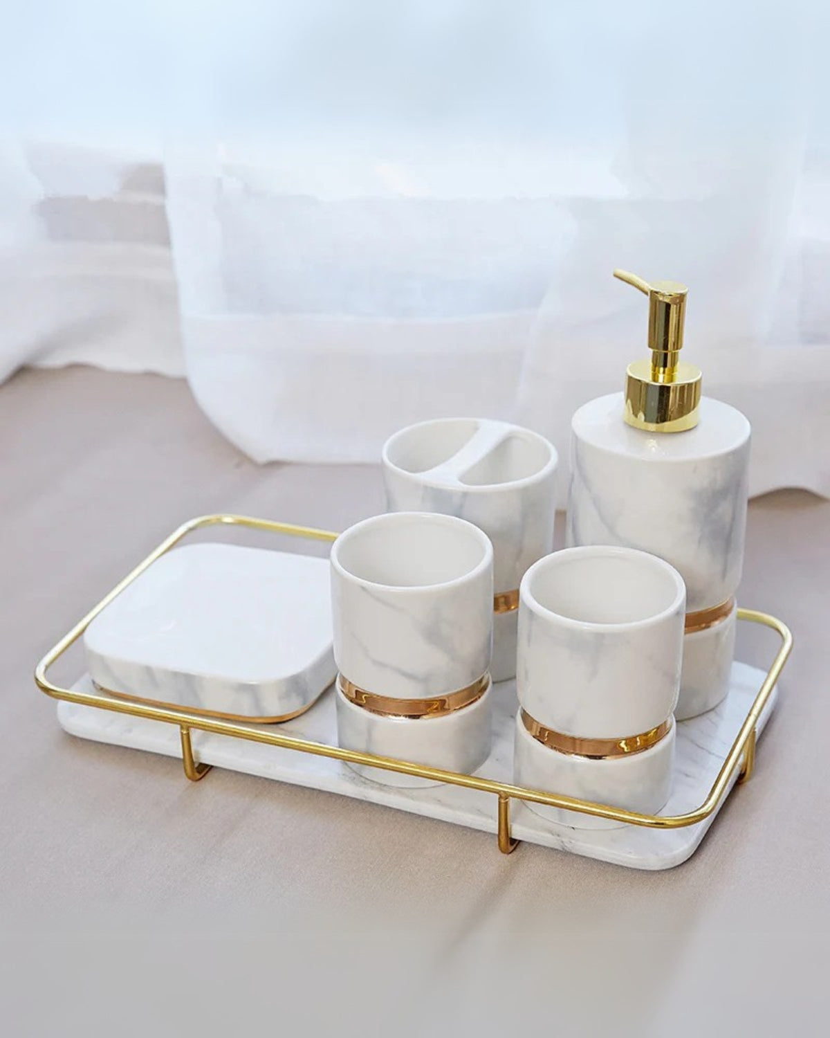 The Marble Elegance – Luxury Marble Bathroom Set with Golden Accents (6-piece)