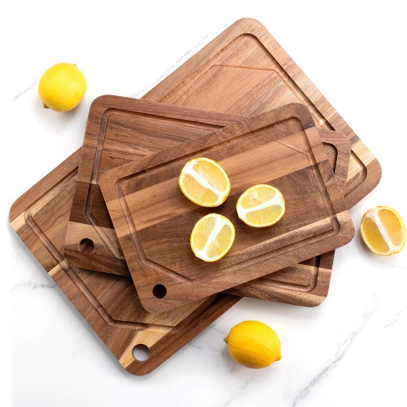Set de 3 planches à découper en bois d’acacia avec rigole et support de rangement