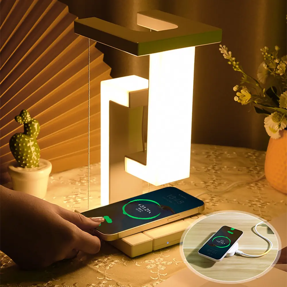 Lampe de table moderne avec design tensegrity flottant et station de charge sans fil