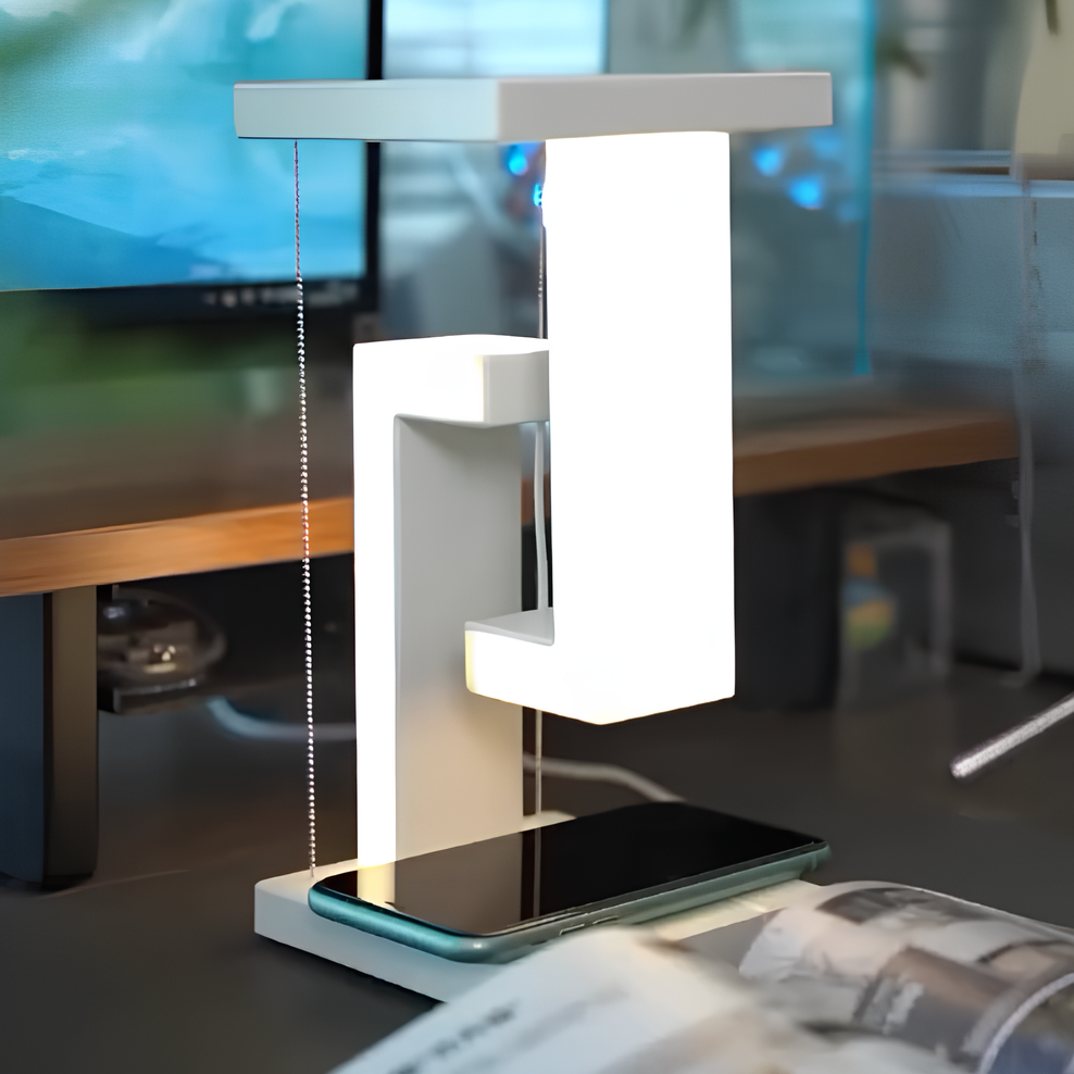 Lampe de table moderne avec design tensegrity flottant et station de charge sans fil