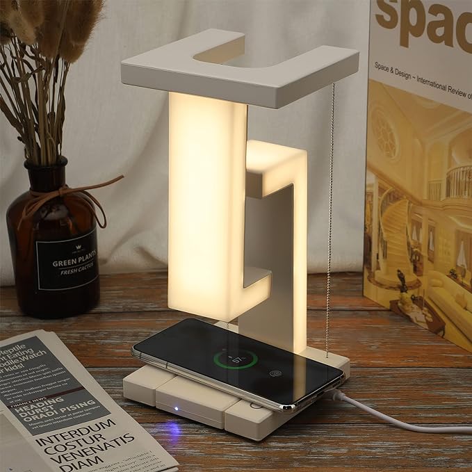 Lampe de table moderne avec design tensegrity flottant et station de charge sans fil