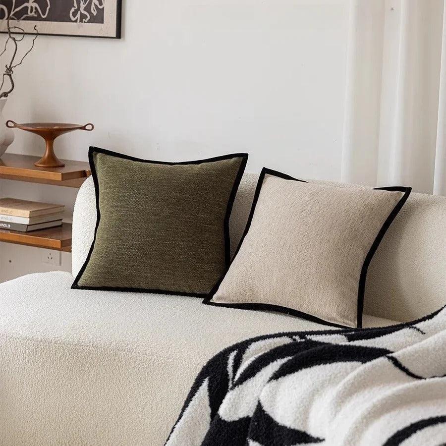 Housse de coussin décorative rétro française avec liseré noir et texture jacquard