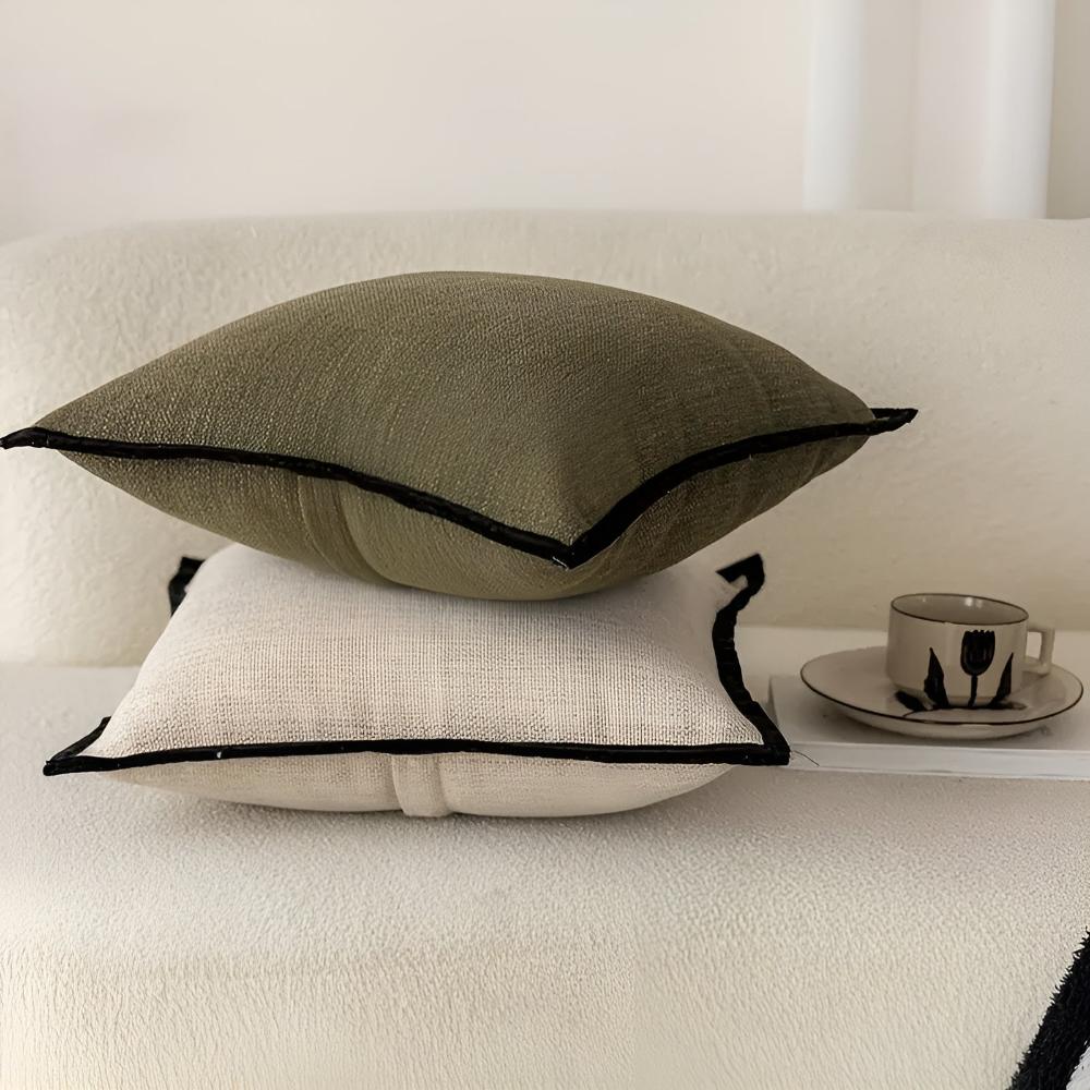 Housse de coussin décorative rétro française avec liseré noir et texture jacquard