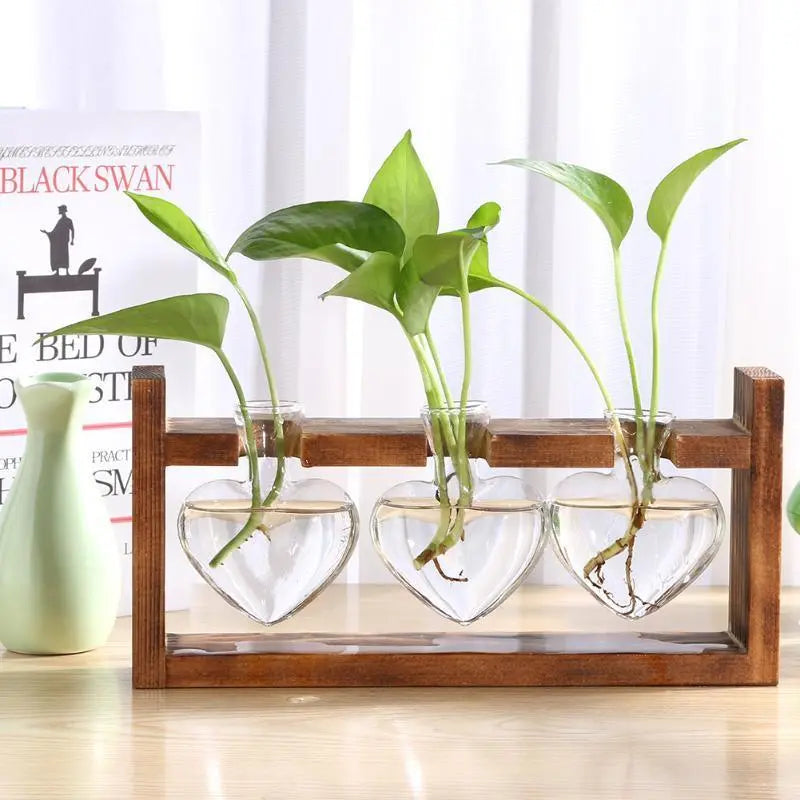 HeartBloom – Elegant Glass Propagation Vase with Wooden Base for Green Inspiration