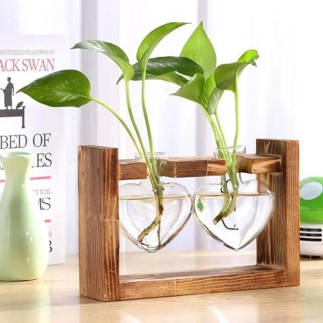 HeartBloom – Elegant Glass Propagation Vase with Wooden Base for Green Inspiration