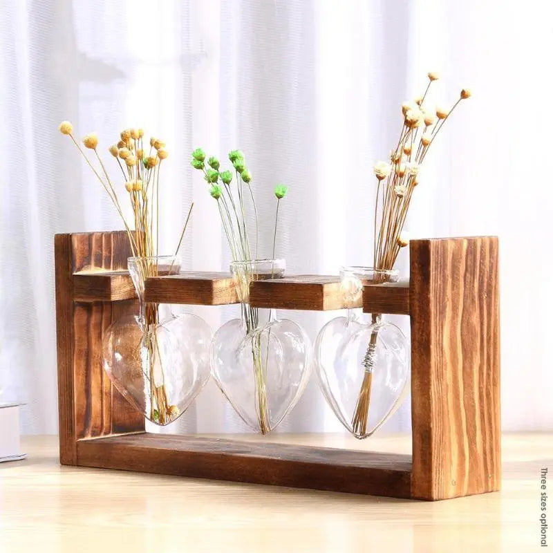 HeartBloom – Elegant Glass Propagation Vase with Wooden Base for Green Inspiration