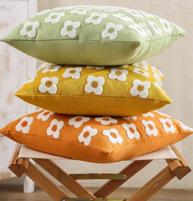 BlossomLuxe – Embroidered Lumbar Pillow Cover with Playful Daisies