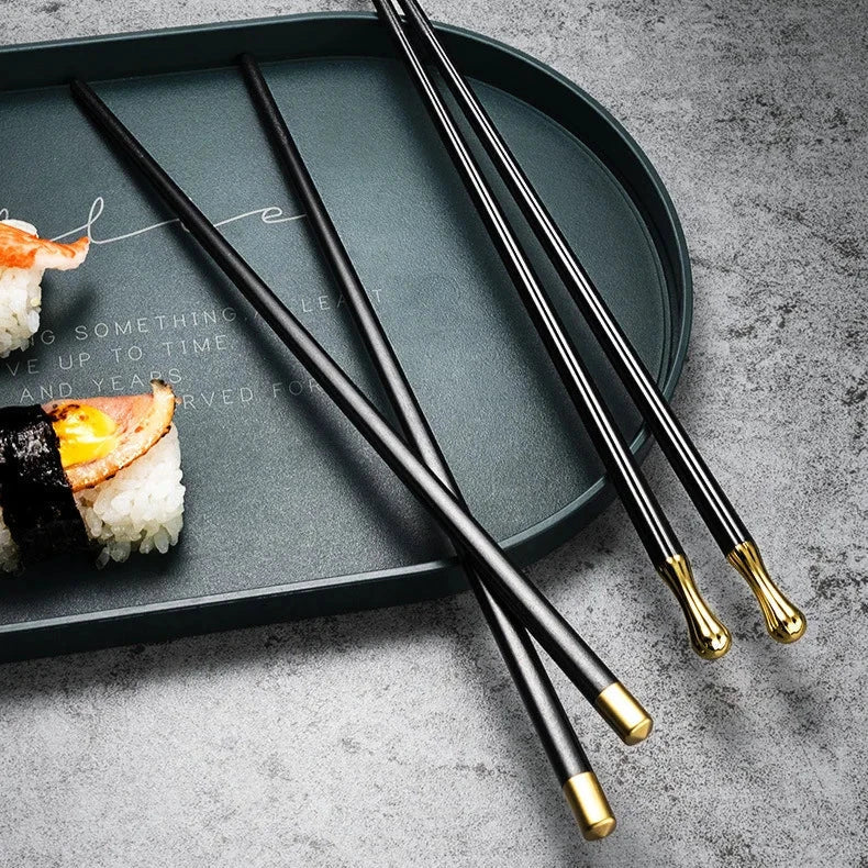 EliteStix – Luxe Set of 5 Metal Chopsticks with Modern Black & Gold Design