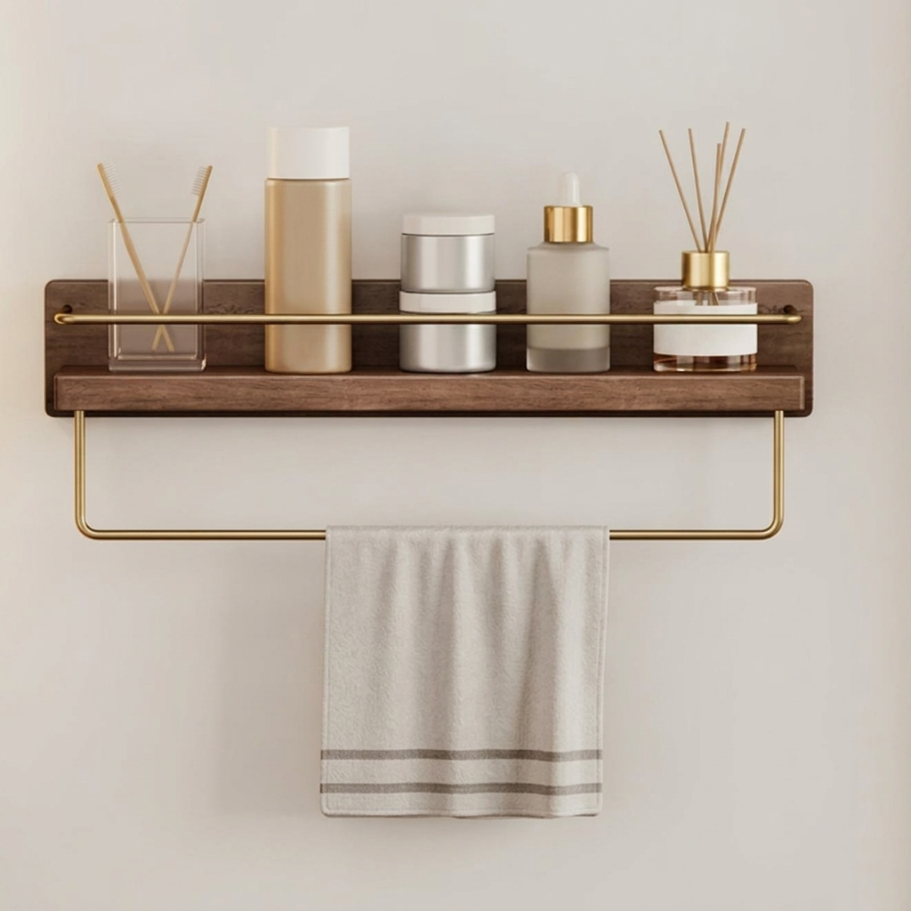 Houten Wandplank voor Badkamer met Gouden Railing en Handdoekstang