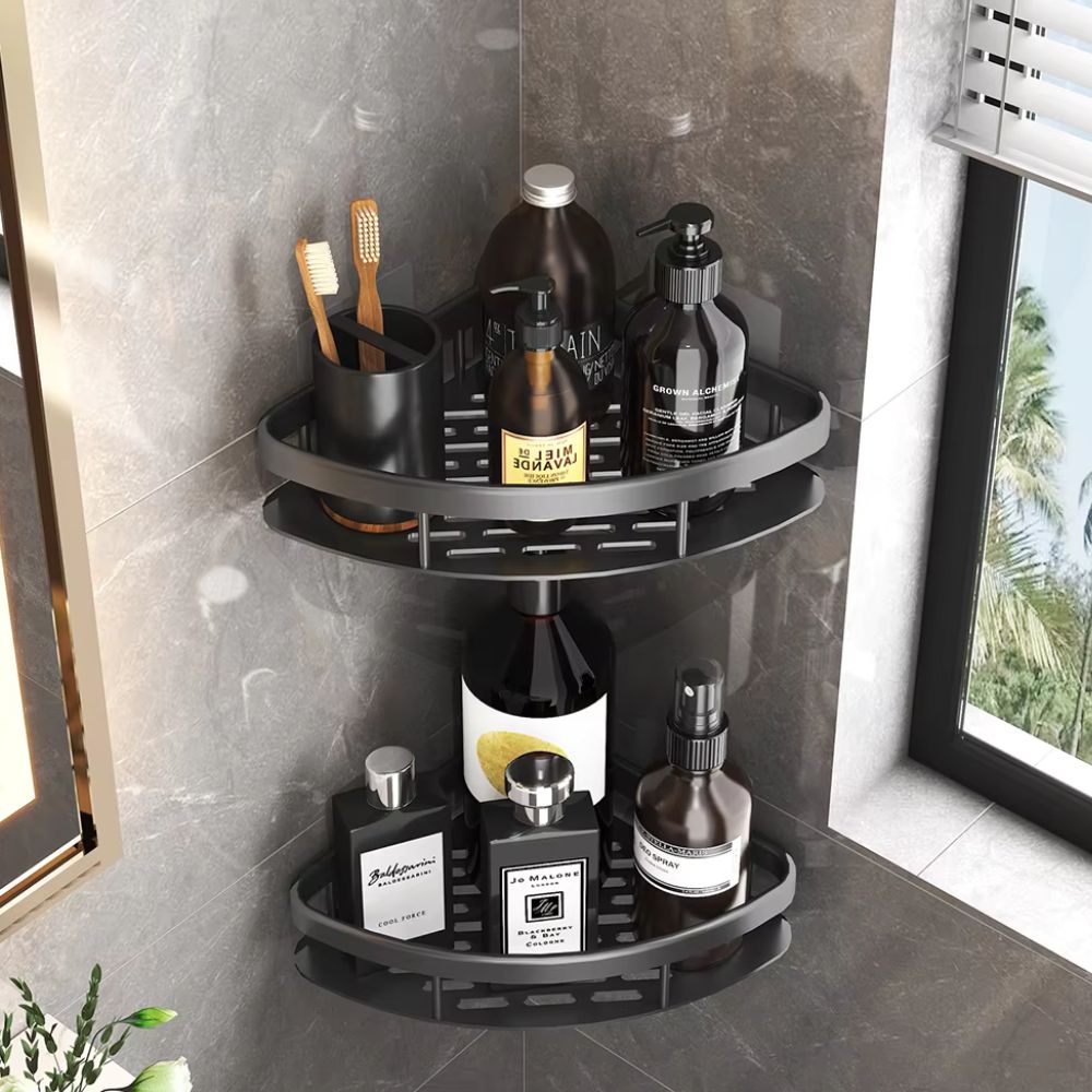 Étagère d’angle en aluminium pour douche à 2 niveaux avec fixation adhésive