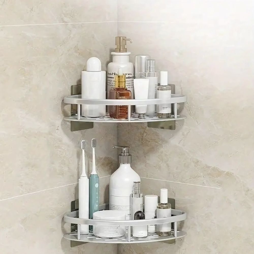 Étagère d’angle en aluminium pour douche à 2 niveaux avec fixation adhésive