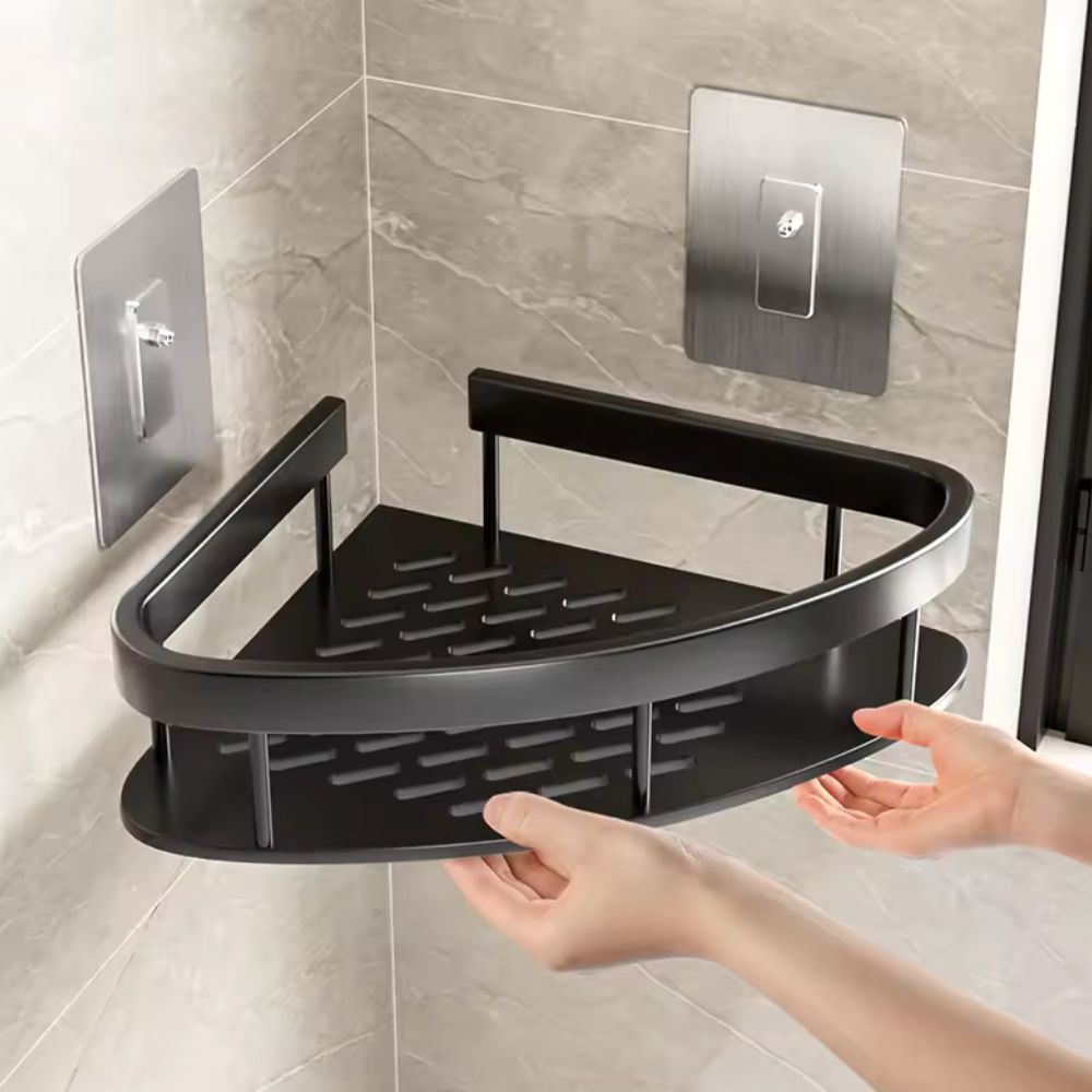 Étagère d’angle en aluminium pour douche à 2 niveaux avec fixation adhésive