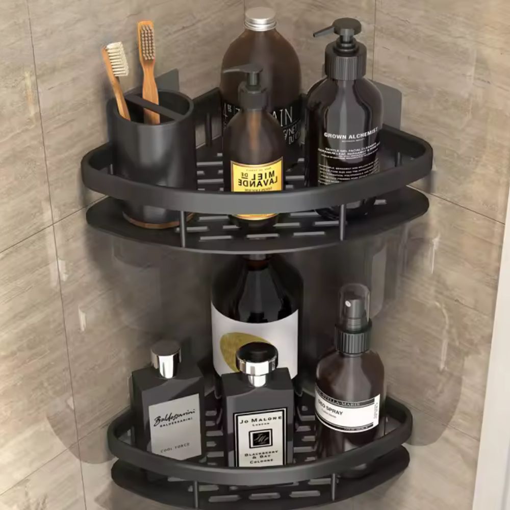 Étagère d’angle en aluminium pour douche à 2 niveaux avec fixation adhésive